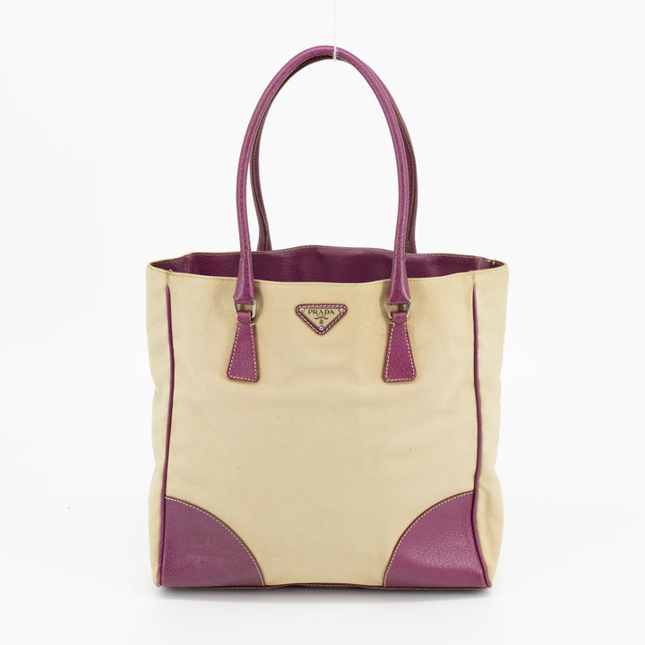 Prada Canvas x Leather Beige x Purple Tote Bag #1743