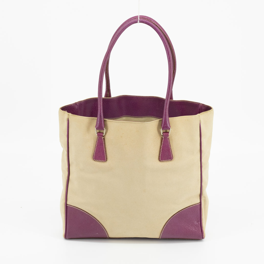 Prada Canvas x Leather Beige x Purple Tote Bag #1743