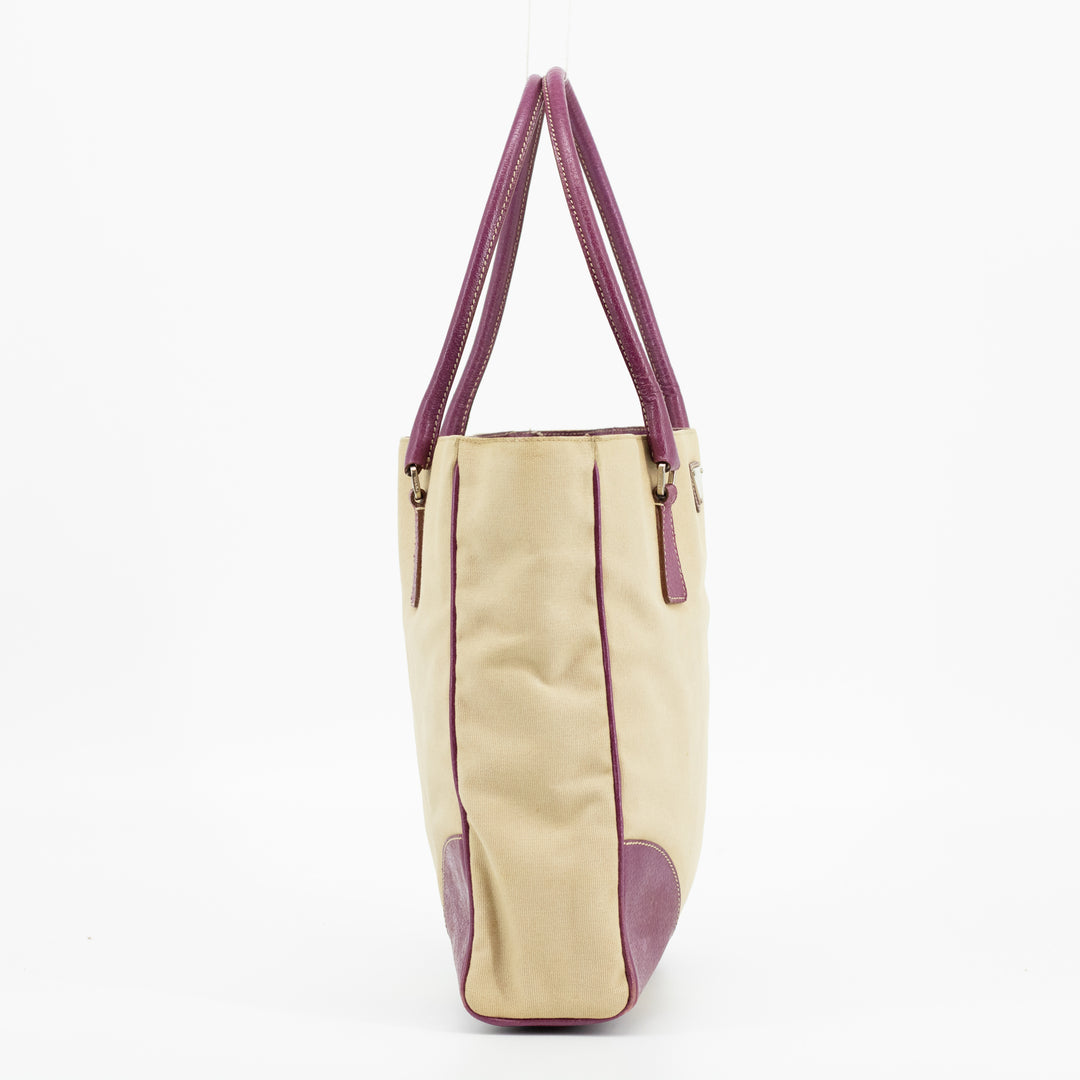 Prada Canvas x Leather Beige x Purple Tote Bag #1743