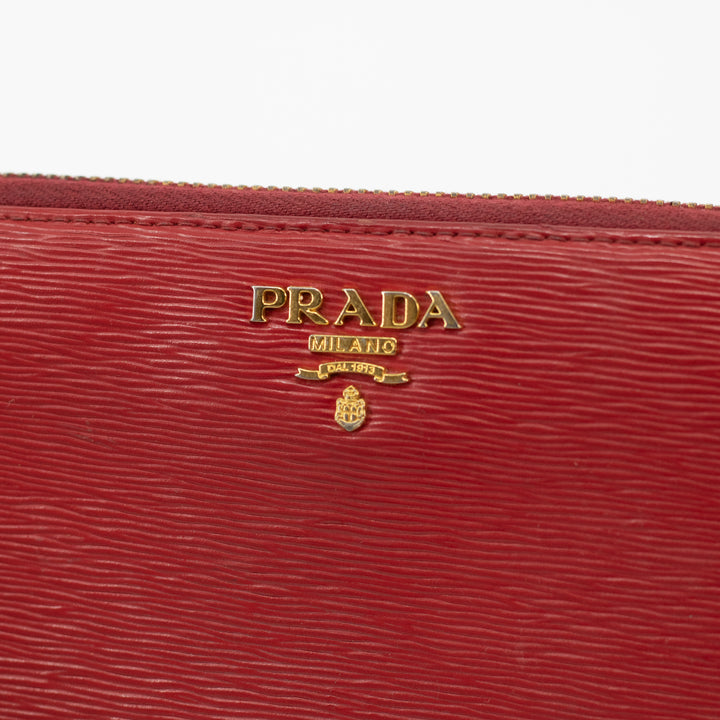 Prada Red Leather Front Logo Zip Around Wallet #1856