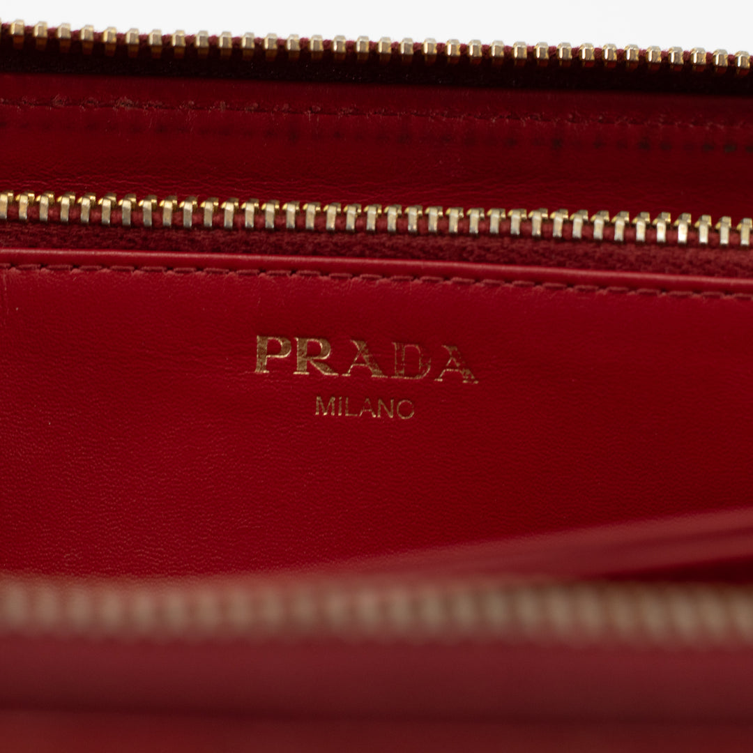 Prada Red Leather Front Logo Zip Around Wallet #1856