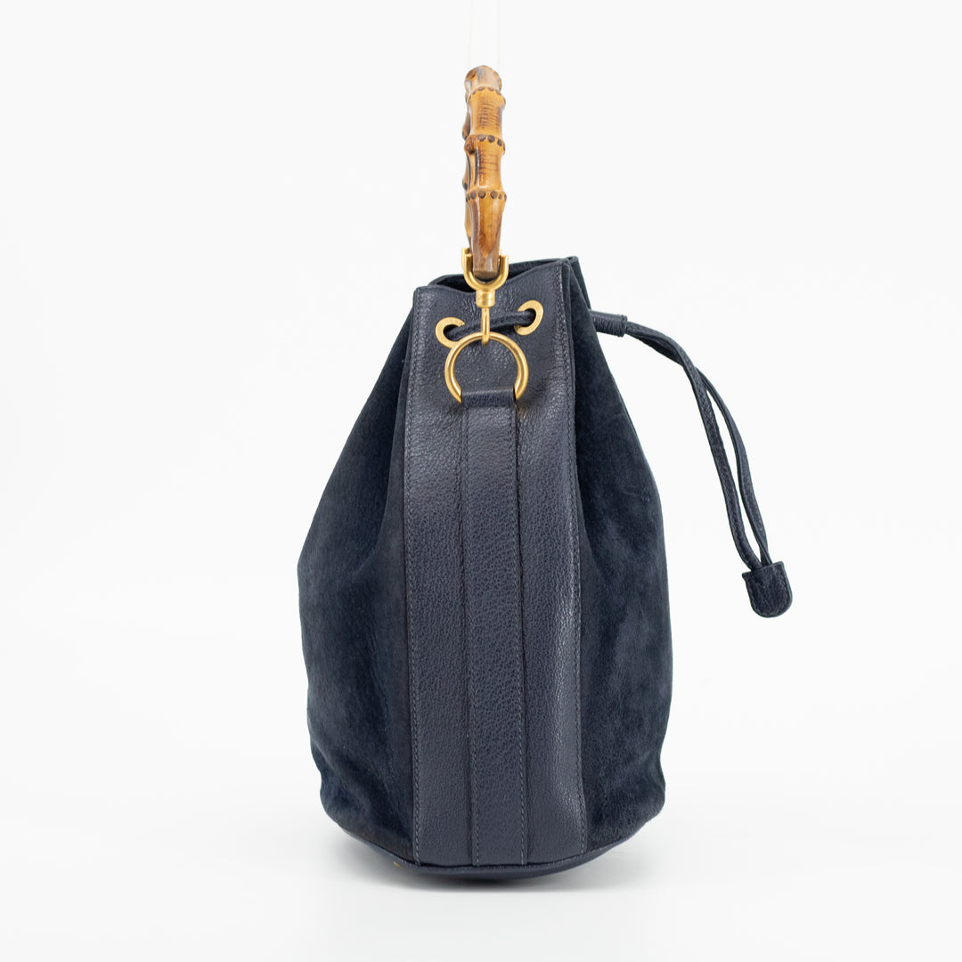 Gucci Navy Bamboo Suede x Leather Drawstring 2WAY Shoulder Bag  #1881