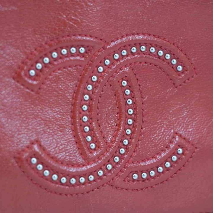 Chanel Red Coco Mark Lambskin Studs Round Zipper Long Wallet  #2241