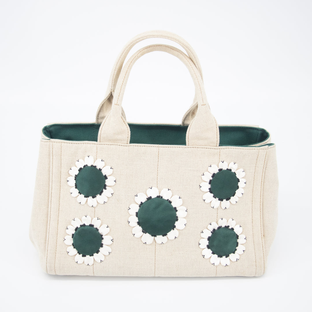 Prada Beige x Green Canapa Canvas x Satin Flower Tote Bag  #2265