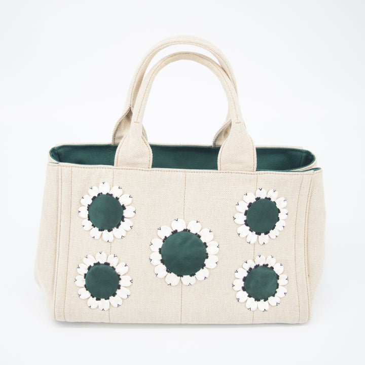 Prada Beige x Green Canapa Canvas x Satin Flower Tote Bag  #2265