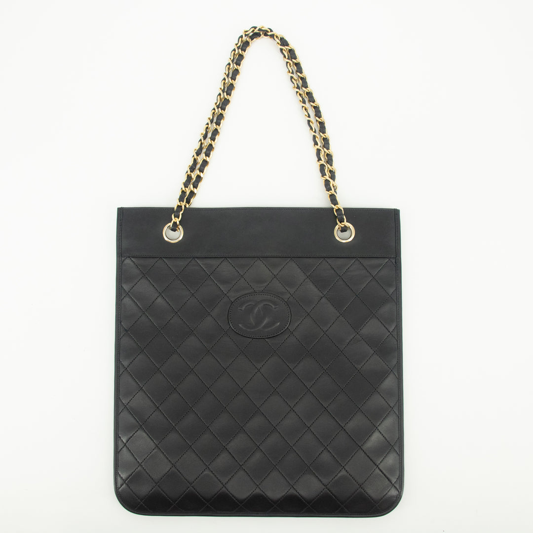 Chanel Lambskin Quilted CC Flat Tote Bag Chain Black Coco Mark #2335