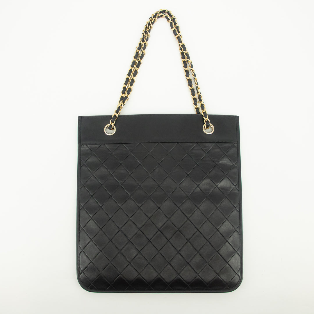 Chanel Lambskin Quilted CC Flat Tote Bag Chain Black Coco Mark #2335