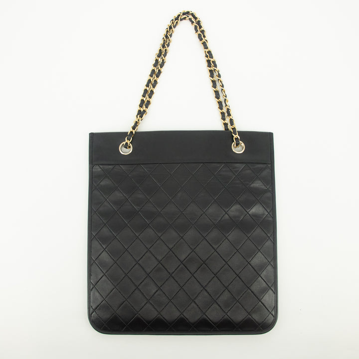 Chanel Lambskin Quilted CC Flat Tote Bag Chain Black Coco Mark #2335