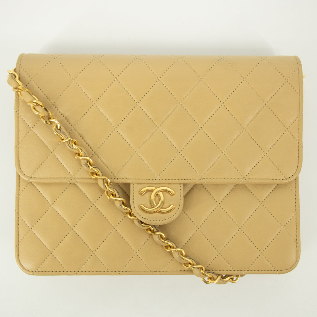 Chanel Lamb Skin Beige Single Flap Gold Hardware Shoulder Bag-#2545