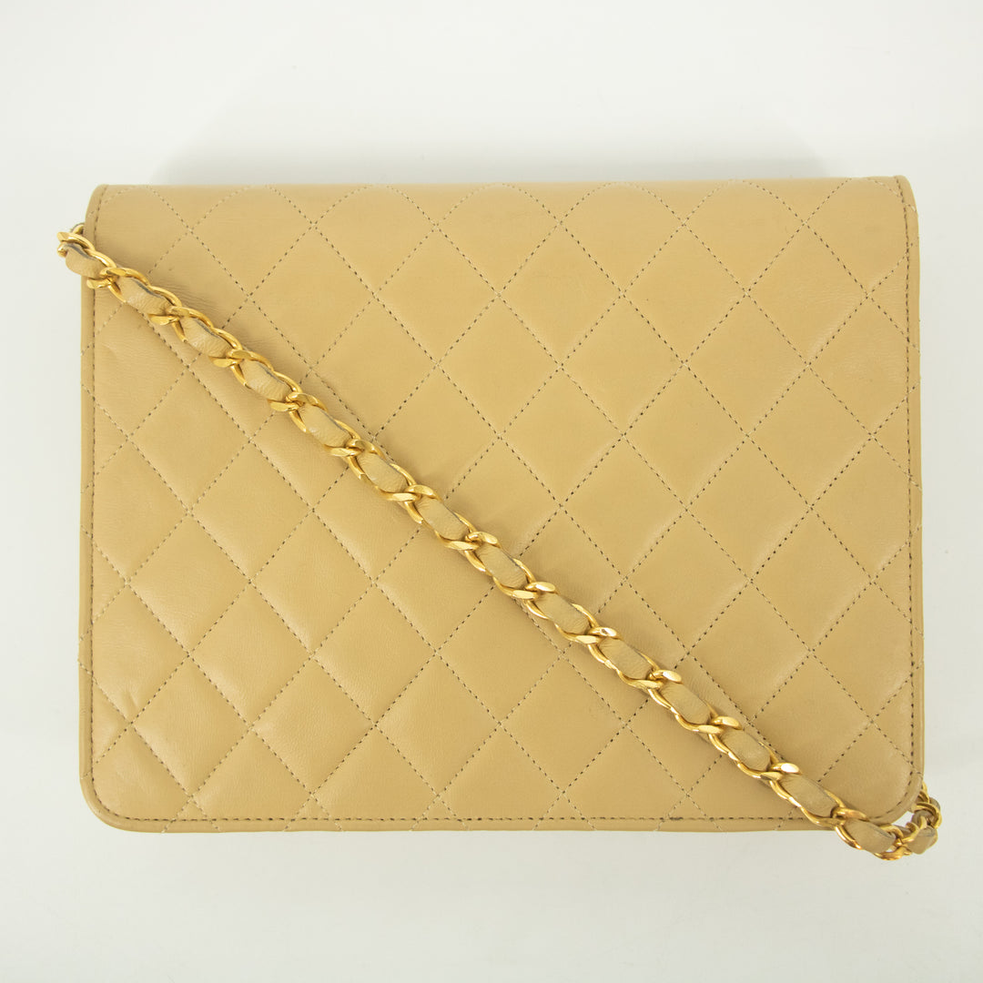 Chanel Lamb Skin Beige Single Flap Gold Hardware Shoulder Bag-#2545