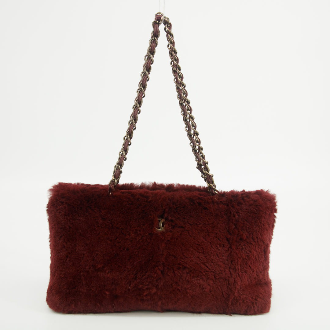 Chanel CC Burgundy Lapin Rabbit Fur Chain Tote Bag 6 Series  #2621