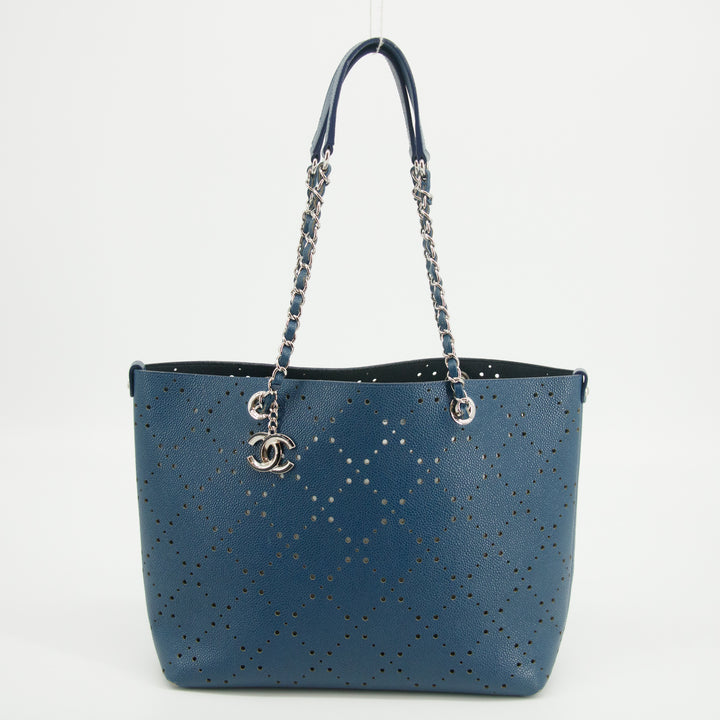 Chanel Perforated Caviar Skin Leather Tote Bag Blue 23 Series #2626