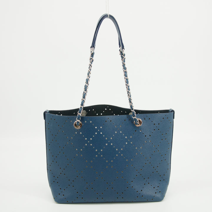 Chanel Perforated Caviar Skin Leather Tote Bag Blue 23 Series #2626