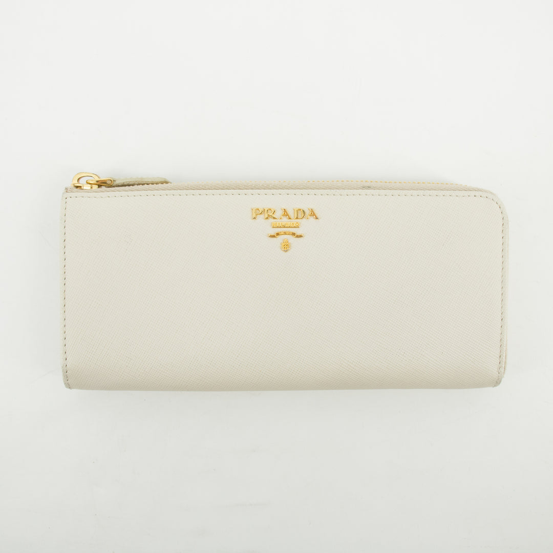 Prada Ivory Saffiano Leather L-shaped Zipper Long Wallet  #2632