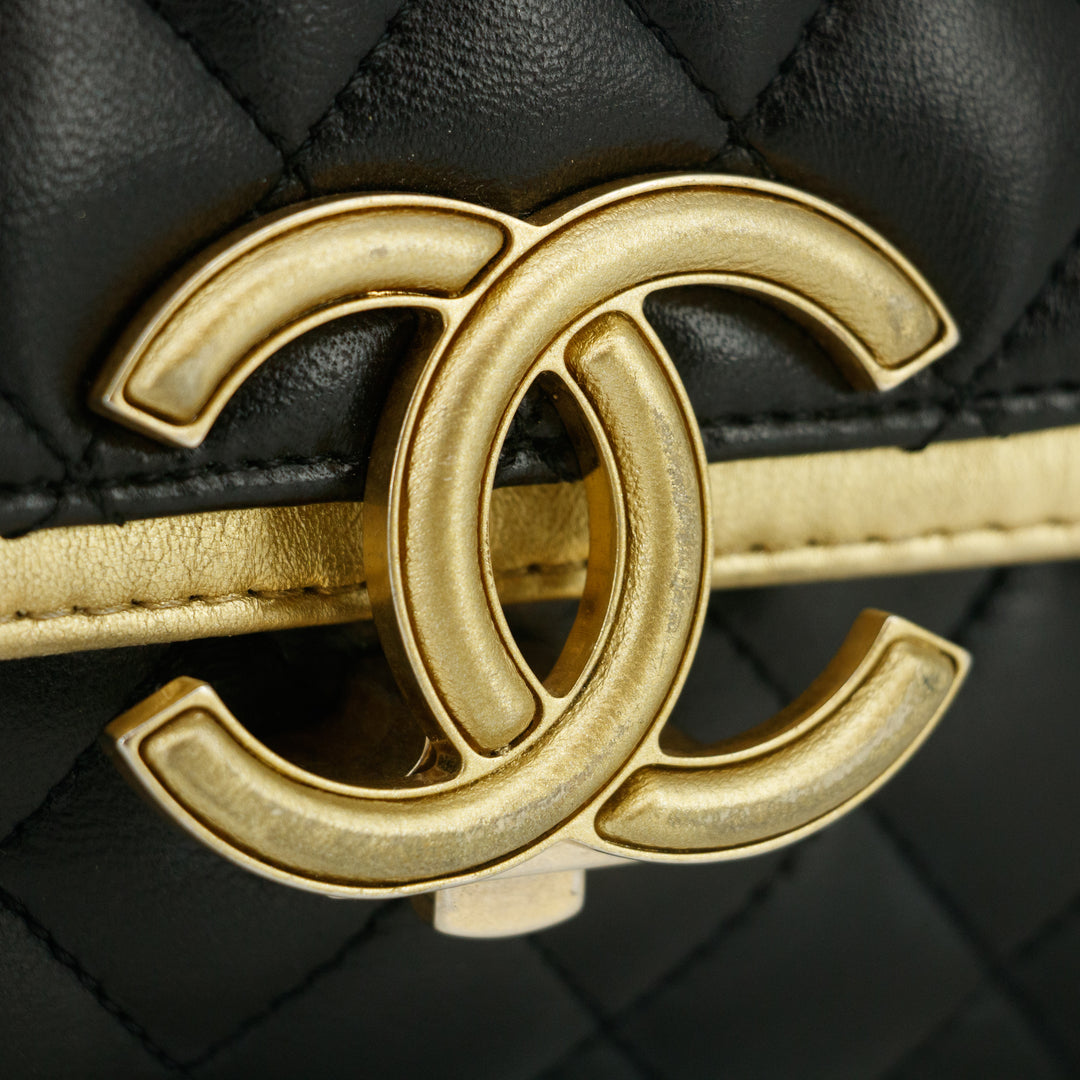 Chanel Double Flap Bag Quilted Lamb Skin Black &amp; Gold Large 28 Series-#2708