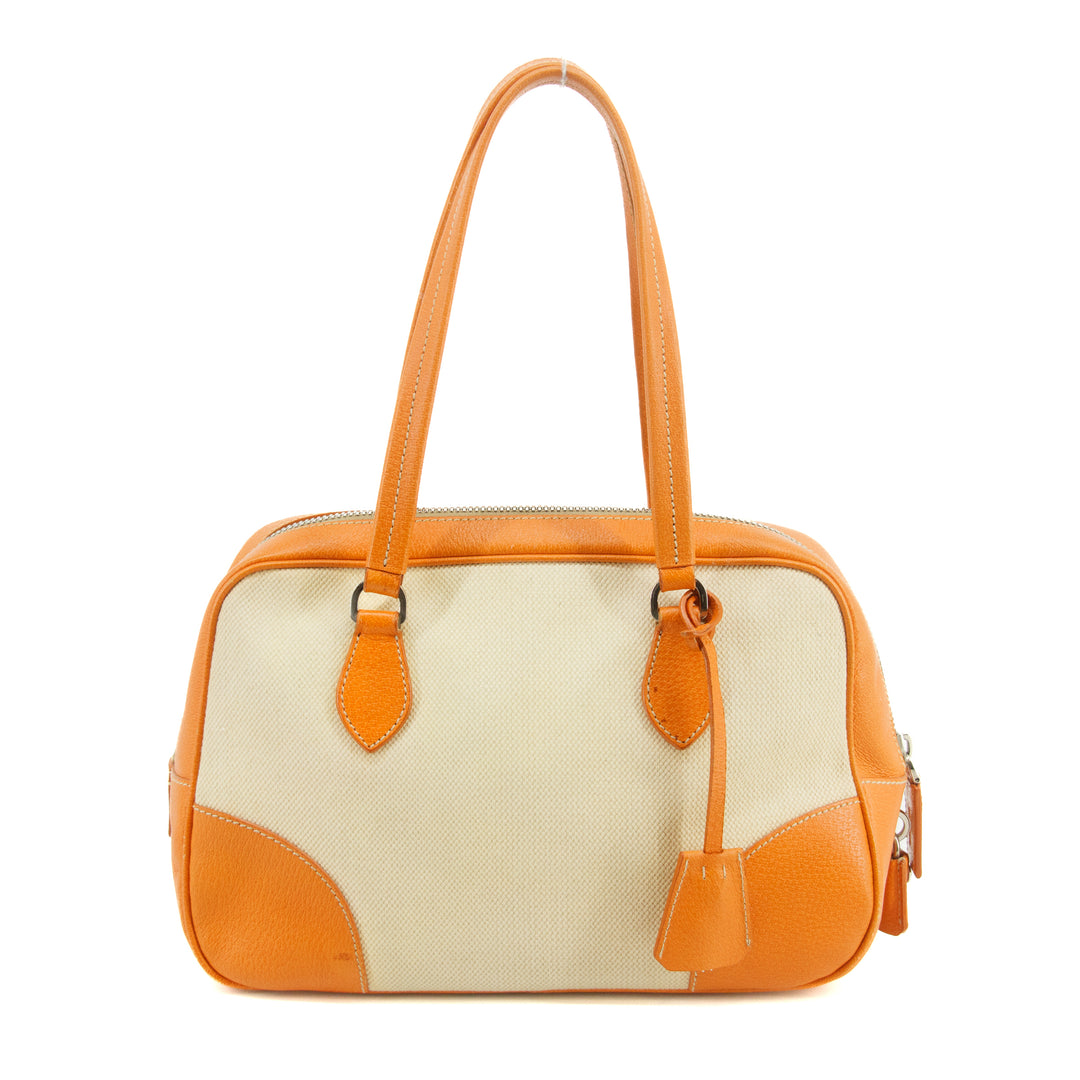 Prada Beige / Orange Canvas &amp; Leather Boston Bowler Bag  #2714