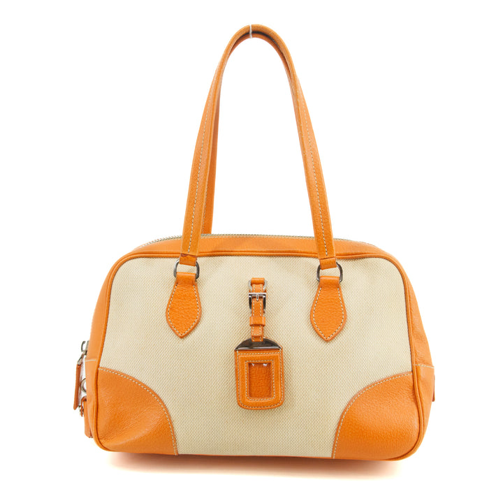 Prada Beige / Orange Canvas &amp; Leather Boston Bowler Bag  #2714