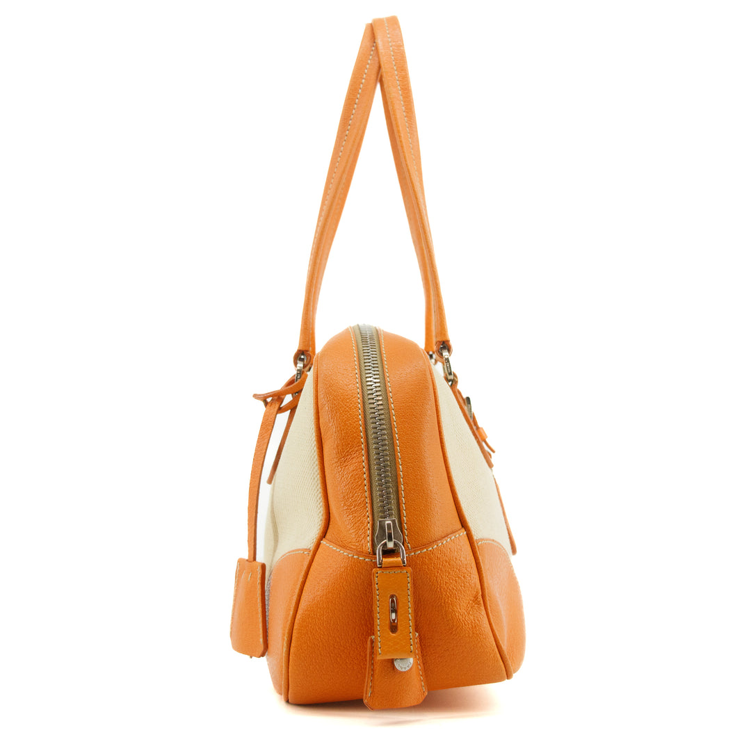 Prada Beige / Orange Canvas &amp; Leather Boston Bowler Bag  #2714