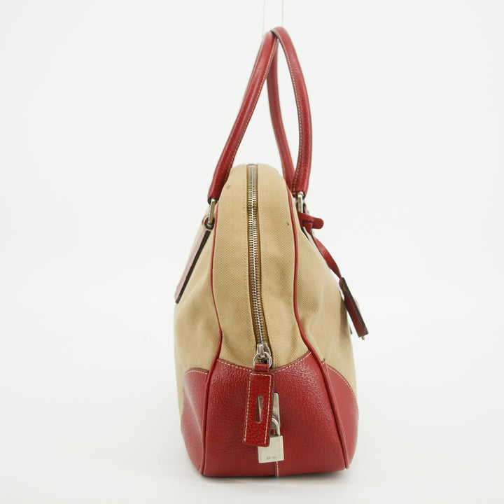 Prada Cinghiale Trimmed Canapa Handbag Beige / Red #2850