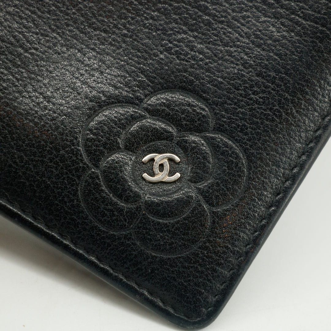 Chanel CC Camelia Flower Black Leather Long Fold Wallet #3014