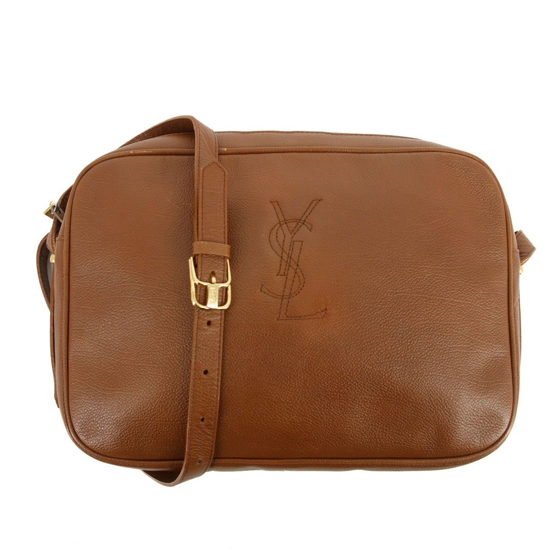 Saint Laurent YSL Brown Leather Logo Shoulder Bag Gold Hardware #3041