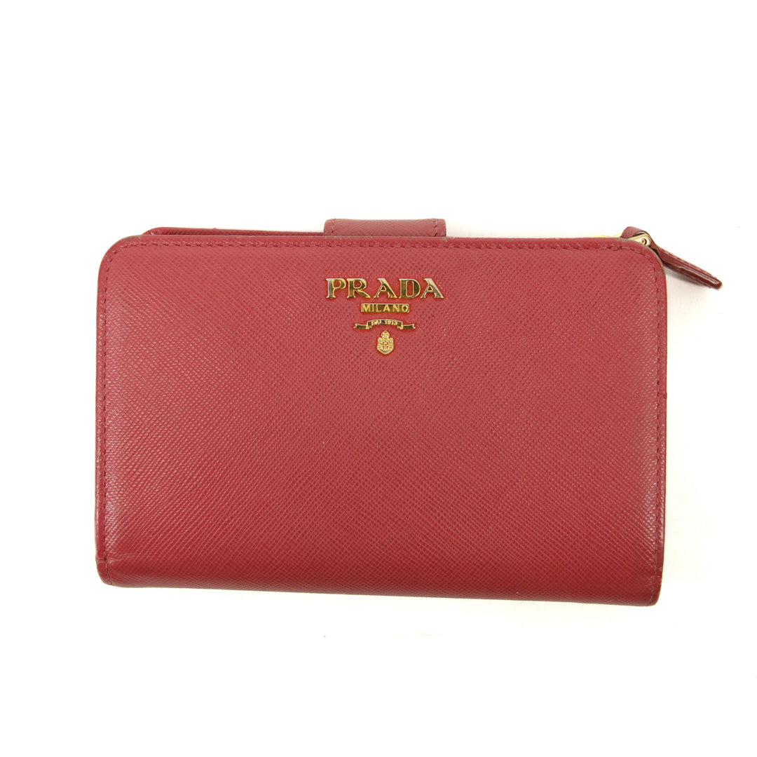 Prada Saffiano Lux Bifold Leather Hot Pink Zip Wallet  #3085