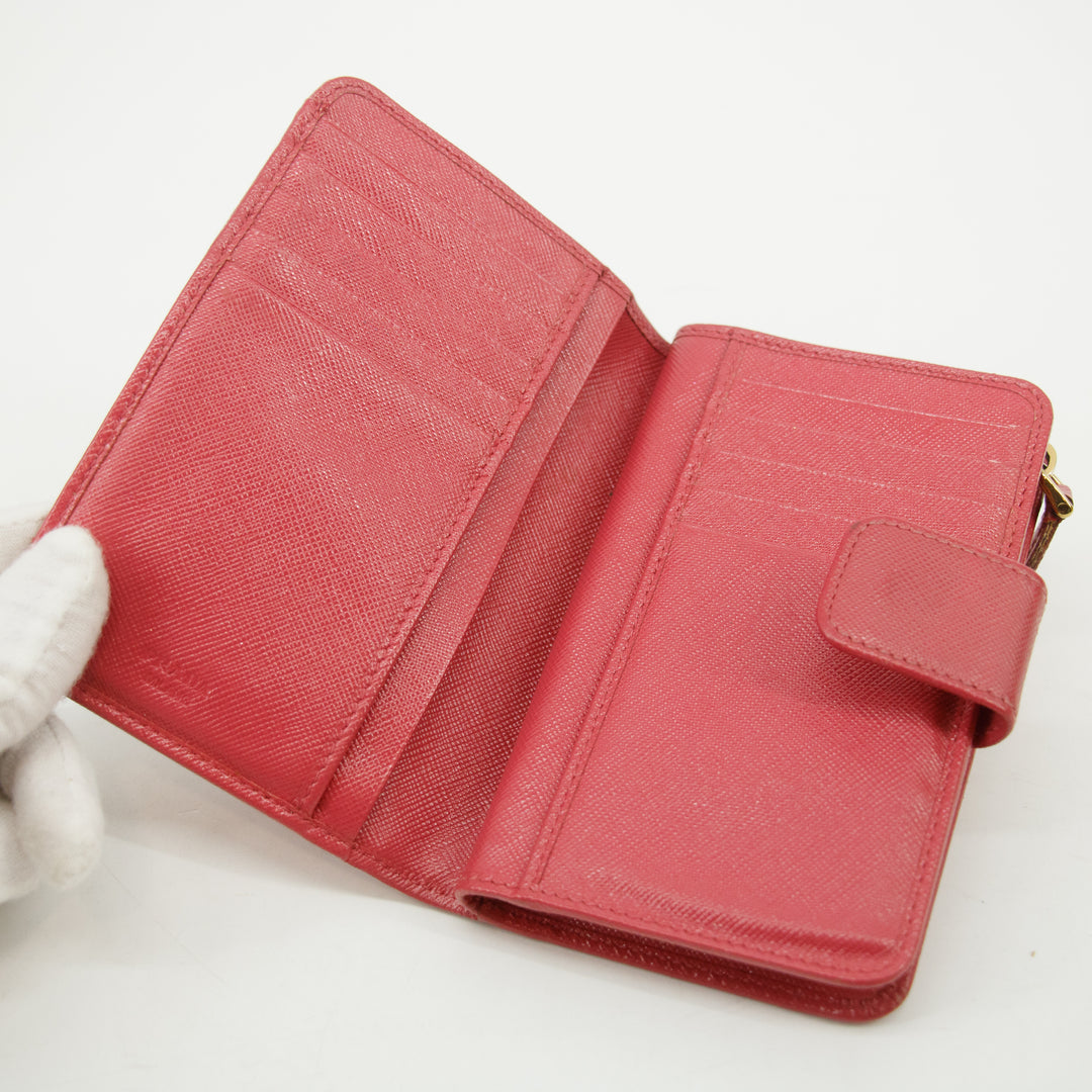 Prada Saffiano Lux Bifold Leather Hot Pink Zip Wallet  #3085