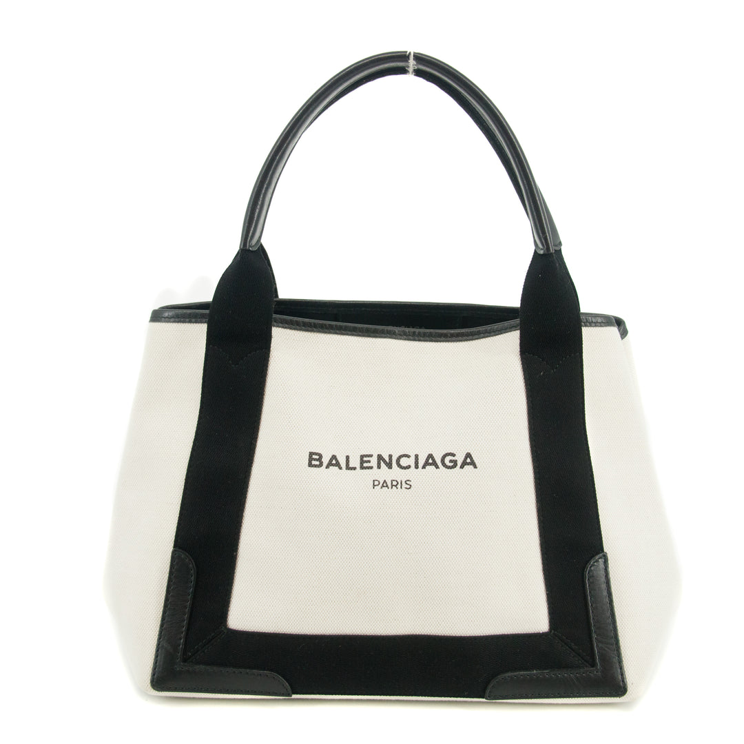 Balenciaga Logo White / Black Canvas Cabas Tote Bag-#3163