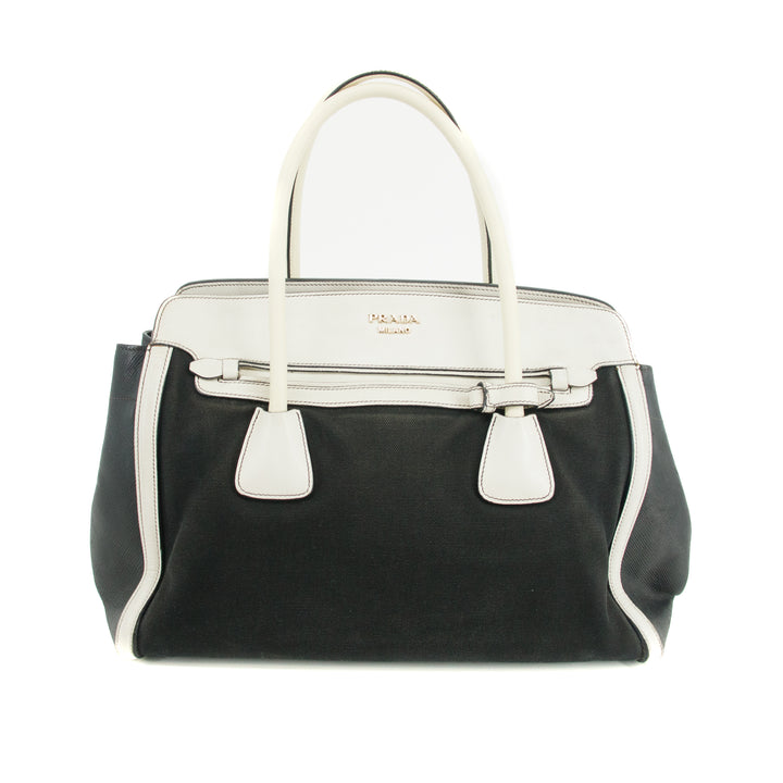 Prada Bicolor Black x White Trimmed Cuir Canapa Tote Bag #3308