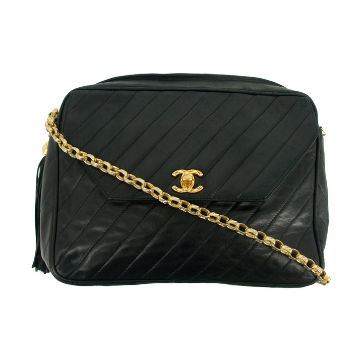 Chanel Diagonal Quilted Tassel Black Lambskin Shoulder Bag 2 Series #3324