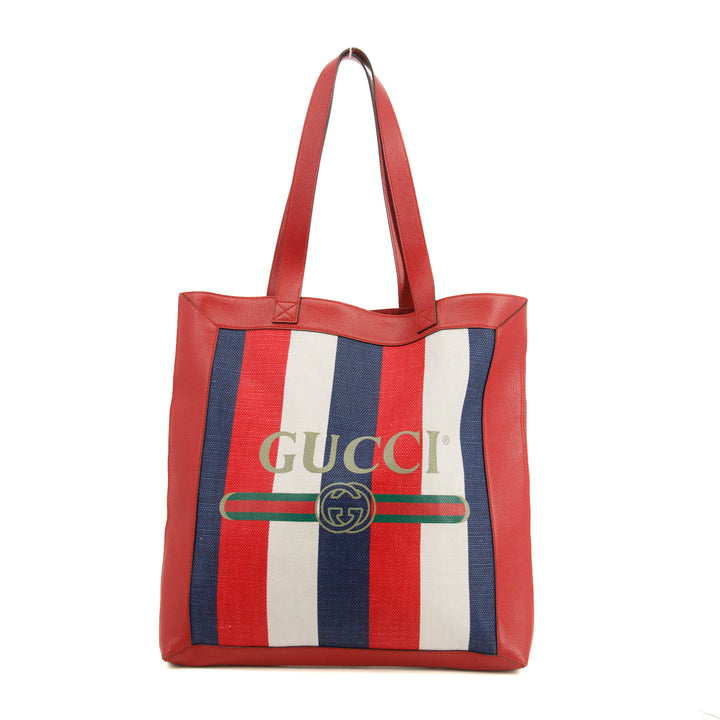 Gucci Large Red/White/Blue Striped Linen and Leather Tote Bag #3422