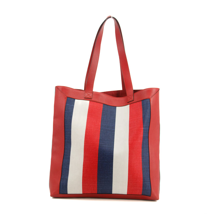 Gucci Large Red/White/Blue Striped Linen and Leather Tote Bag #3422