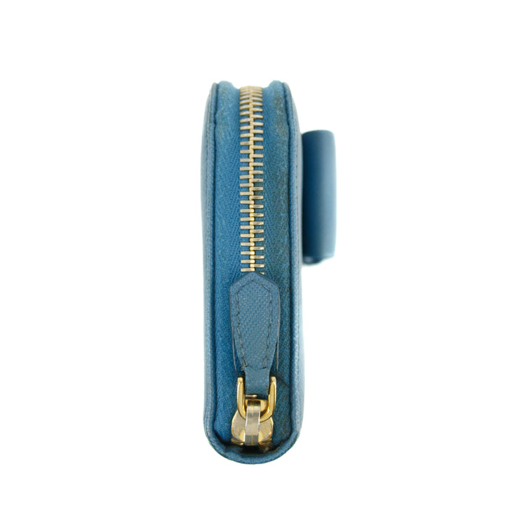 Prada Blue Saffiano Leather Long Bow Zip Around Wallet #3427