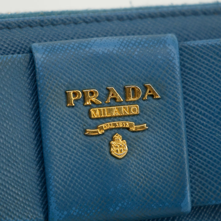Prada Blue Saffiano Leather Long Bow Zip Around Wallet #3427