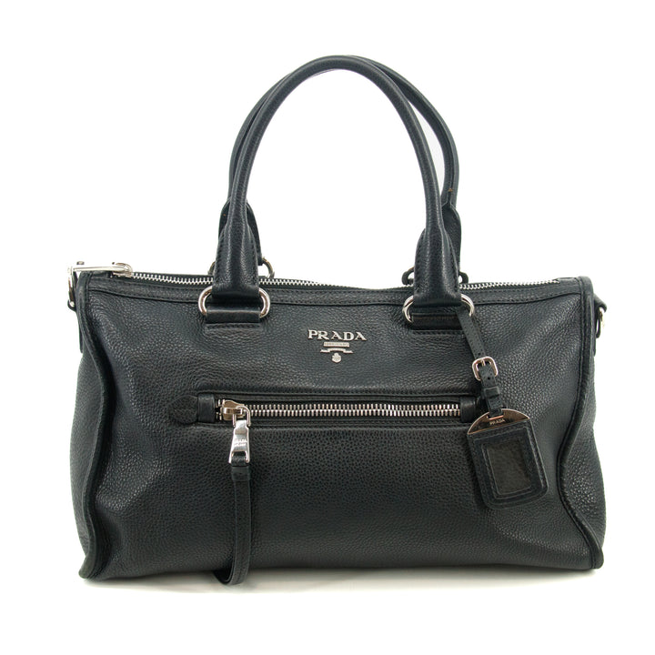 Prada Vitello Phenix Black Top Handle 2Way Shopping Shoulder Bag #3577