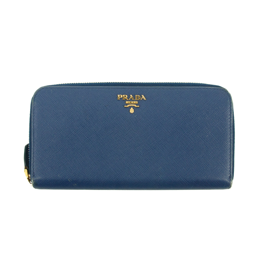 Prada Blue Saffiano Leather Zip Around Wallet #3599