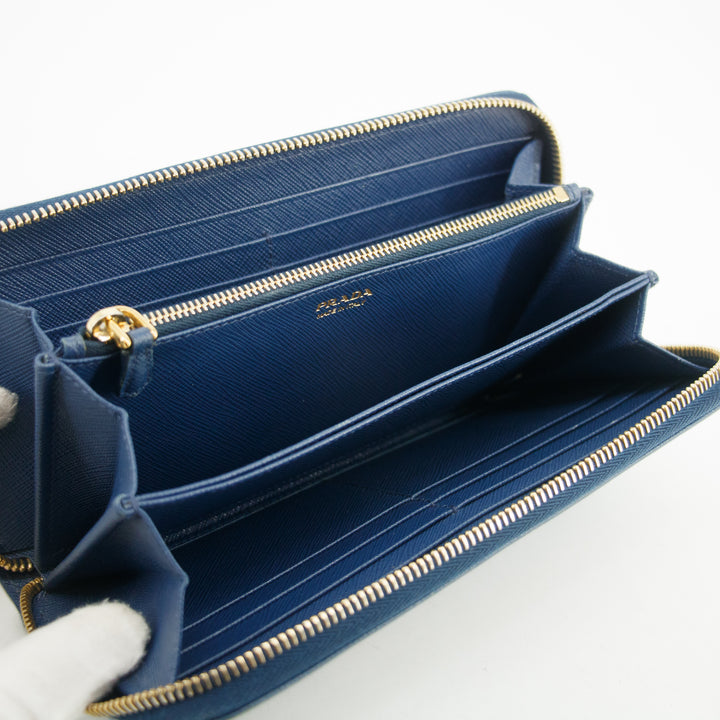 Prada Blue Saffiano Leather Zip Around Wallet #3599