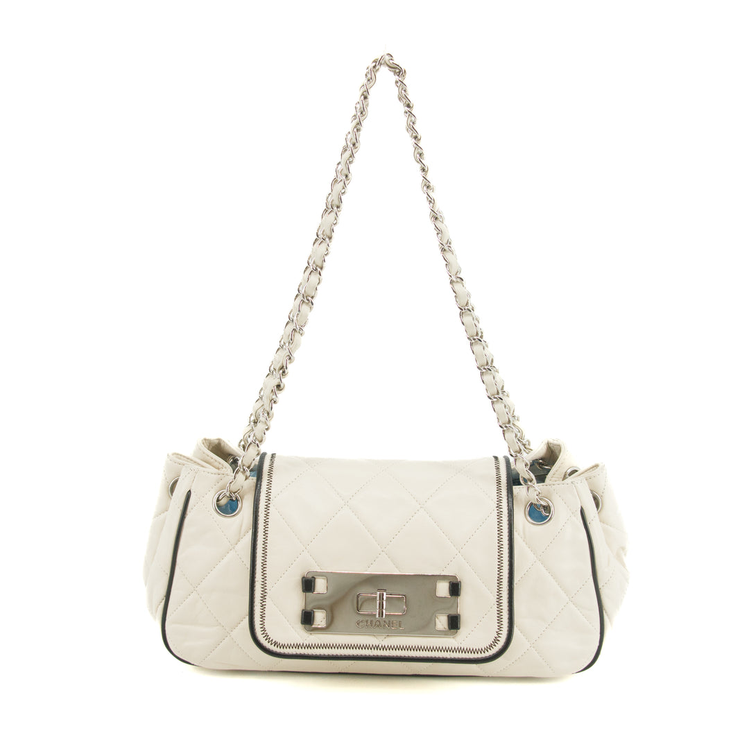 Chanel East West 2.55 Mademoiselle Flap White Accordian Shoulder Bag #3764