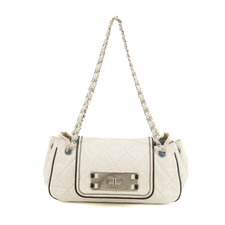 Chanel East West 2.55 Mademoiselle Flap White Accordian Shoulder Bag #3764