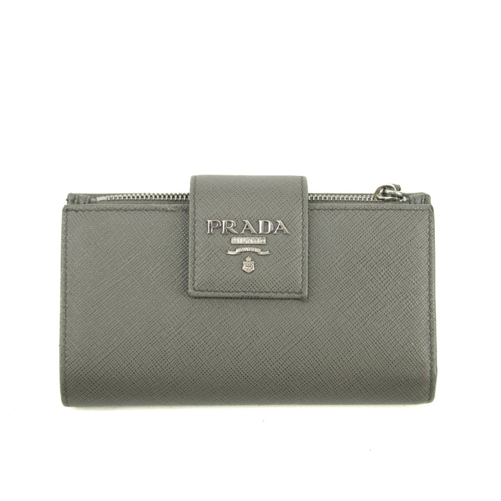 Prada Saffiano Leather Grey Metal Medium Wallet #3918