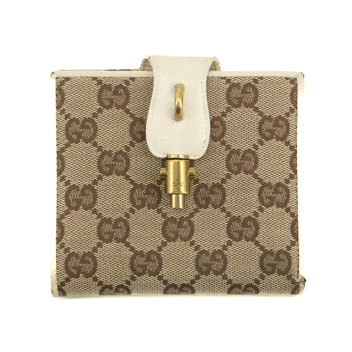 Gucci GG Brown White Canvas x Leather Compact Wallet #3935