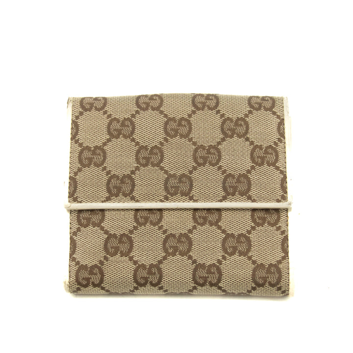 Gucci GG Brown White Canvas x Leather Compact Wallet #3935