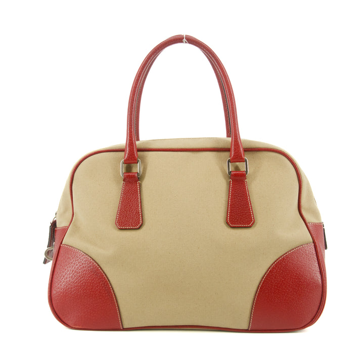 Prada Red Leather x Beige Canvas Shoulder Bag #5242