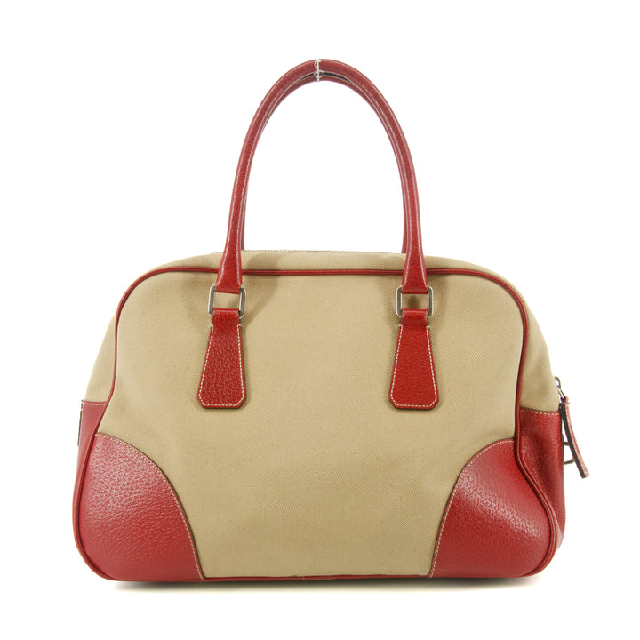 Prada Red Leather x Beige Canvas Shoulder Bag #5242