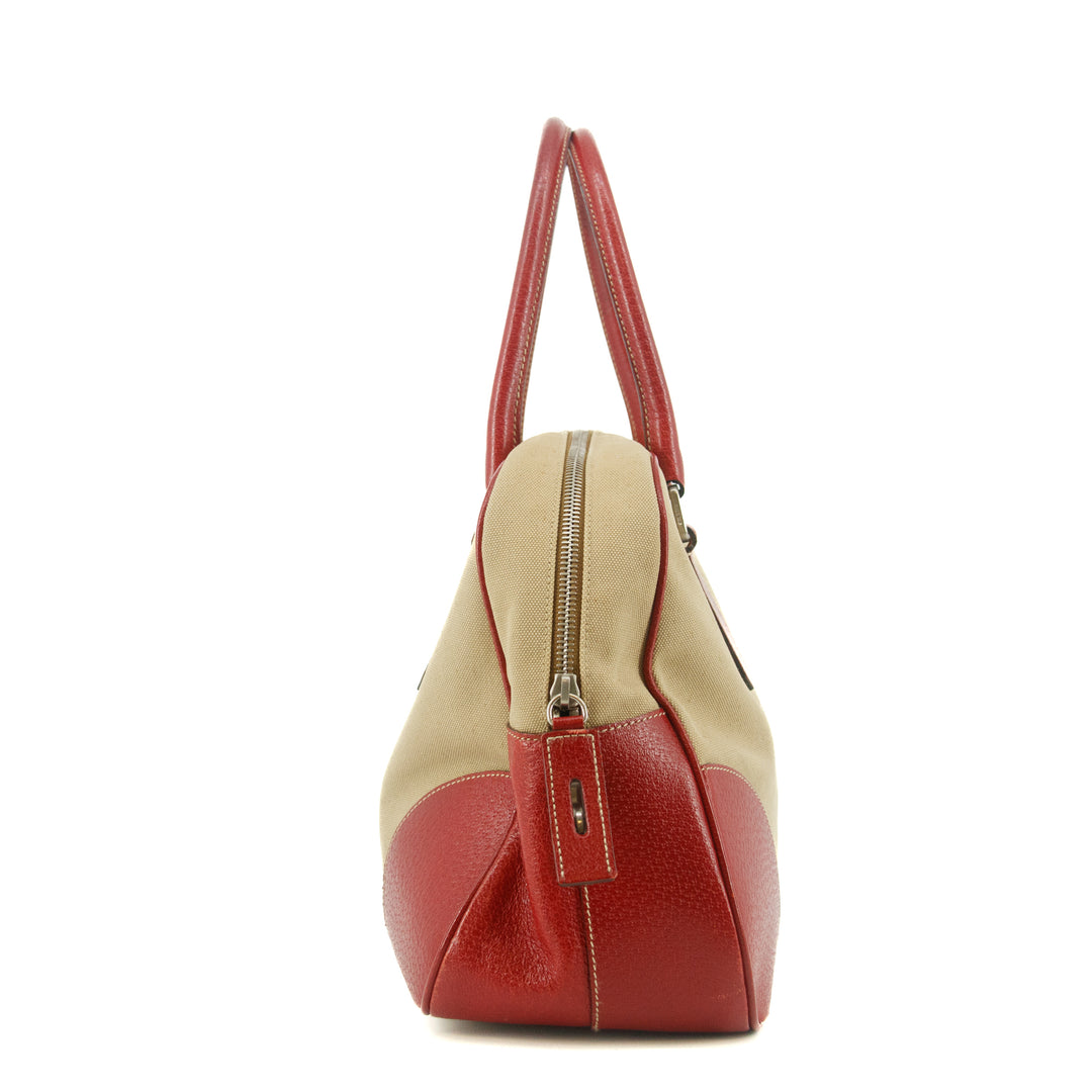 Prada Red Leather x Beige Canvas Shoulder Bag #5242