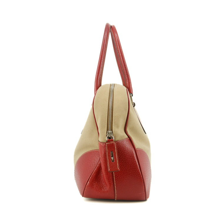 Prada Red Leather x Beige Canvas Shoulder Bag #5242