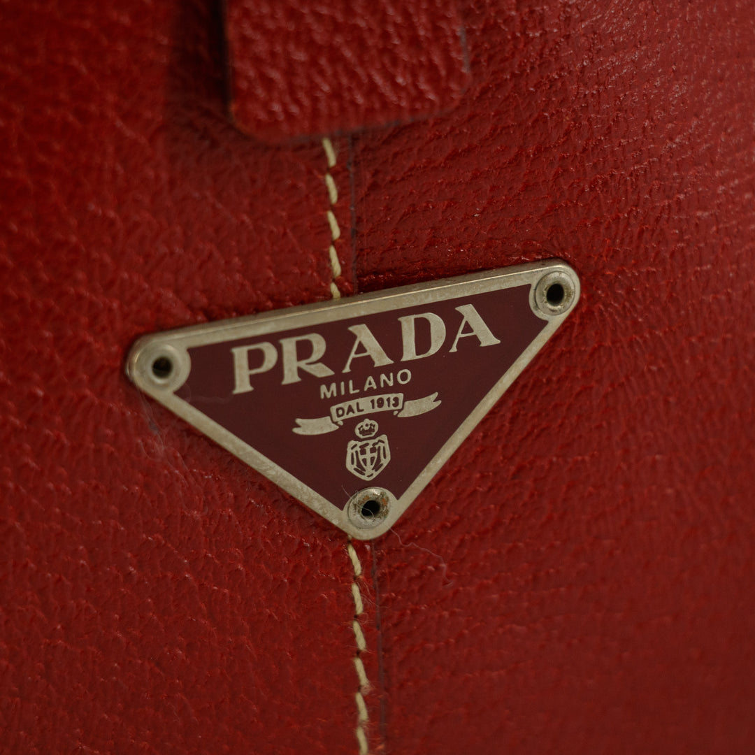 Prada Red Leather x Beige Canvas Shoulder Bag #5242