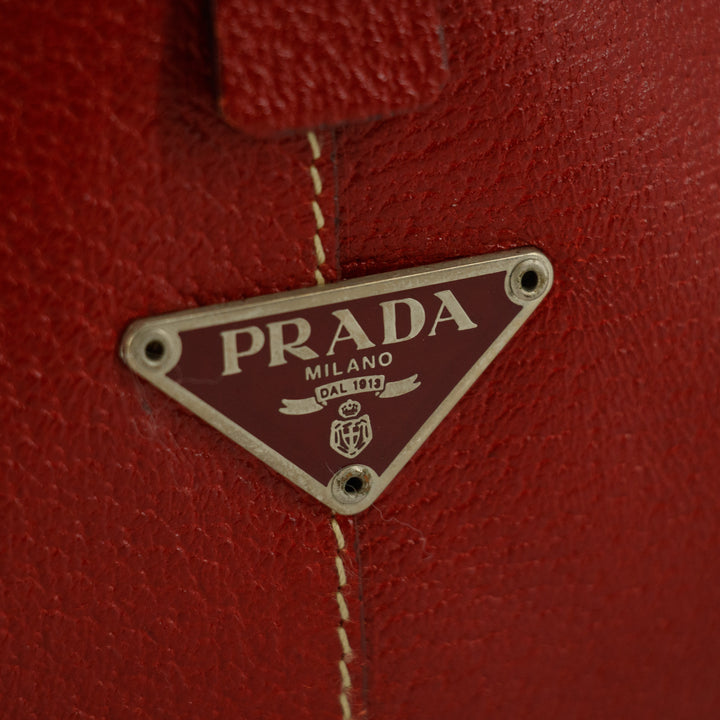 Prada Red Leather x Beige Canvas Shoulder Bag #5242