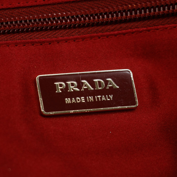 Prada Red Leather x Beige Canvas Shoulder Bag #5242