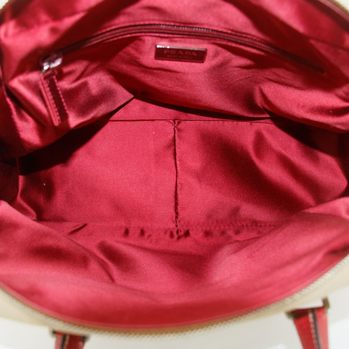 Prada Red Leather x Beige Canvas Shoulder Bag #5242